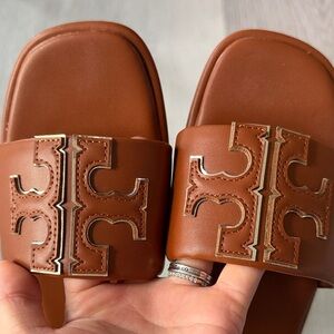 Tory Burch Brown Leather Logo Slide Sandals